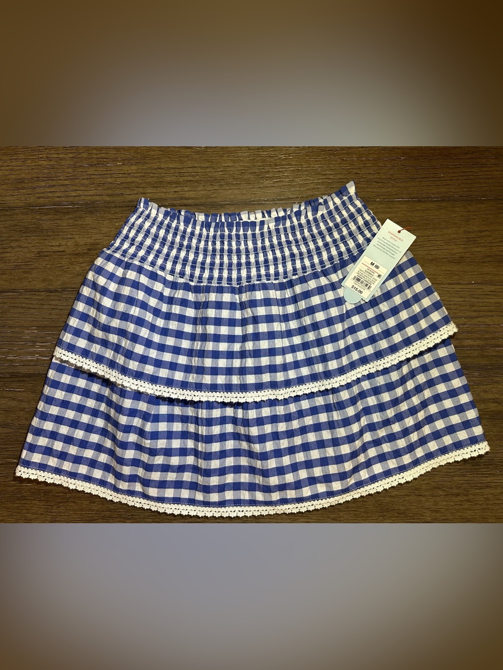 Cat & Jack Blue Gingham Smocked Tiered Skirt with Lace Trim Girls size 8